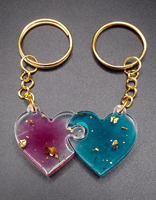 SAINT VALENTIN - Double porte clef cœur rose et bleu et feuilles d'or- A partager