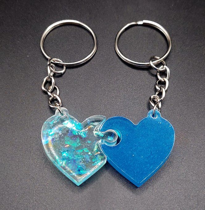 SAINT VALENTIN  - Double porte clef cœur bleu et à paillettes - A partager