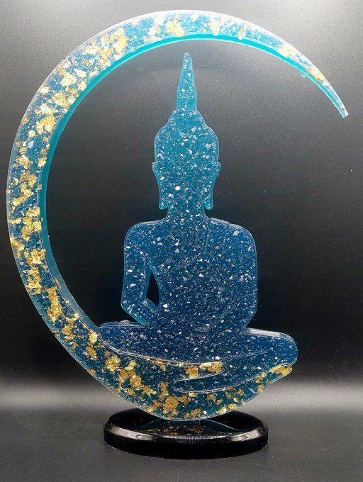 Bouddha "POYA" diamant bleu et feuilles d'or sur socle noir