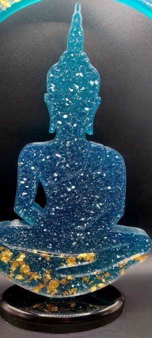 Bouddha "POYA" diamant bleu et feuilles d'or sur socle noir