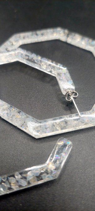 BOUCLES D'OREILLES  -la paire faite en Résine et incrustation de verre brisé blanc 