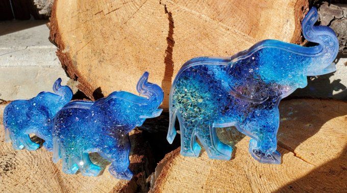 Trio d'éléphants nuances de bleus 
