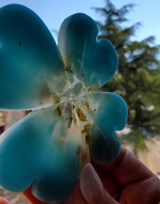 Déco Trèfle 4 feuilles bleu et feuilles d'or / sous verre ou déco