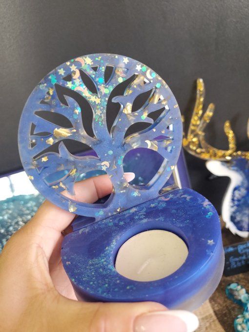 Bougeoir socle rond + arbre de vie bleu et paillettes 