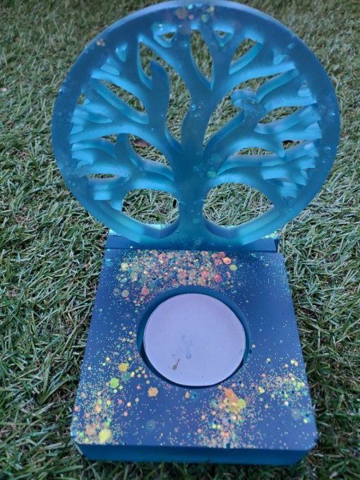 Bougeoir socle carré + arbre de vie bleu et paillettes