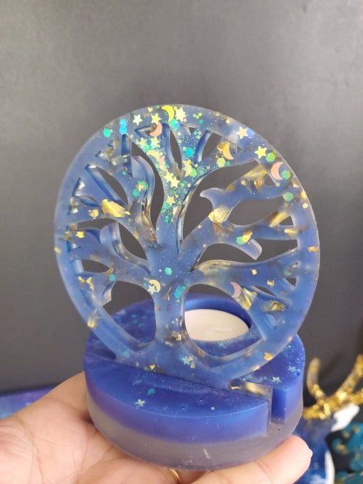 Bougeoir socle rond + arbre de vie bleu et paillettes 