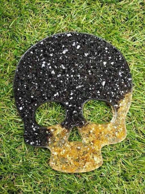 Sous verre ou déco à accrocher au mur SKULL noir et feuilles dorées