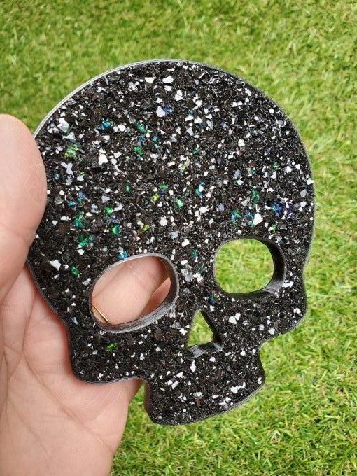 Sous verre ou déco à accrocher au mur SKULL noir et paillettes bleues / vertes