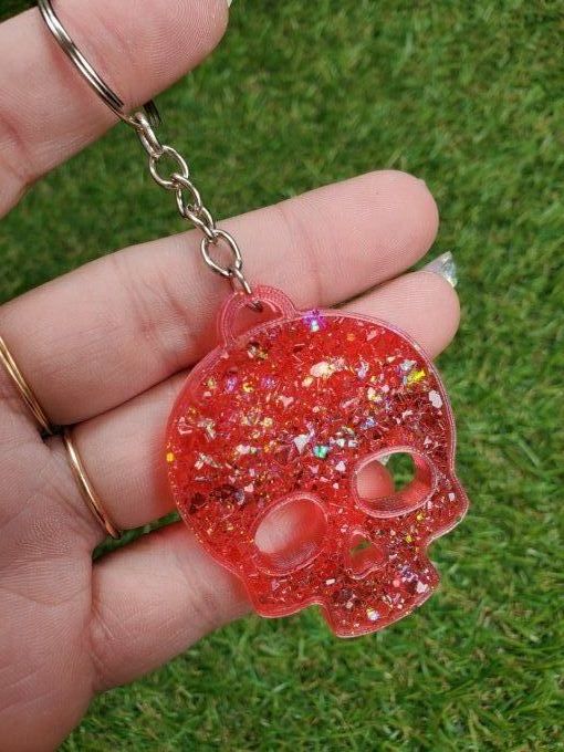 Porte-clef diamant Skull rouge et paillettes jaunes