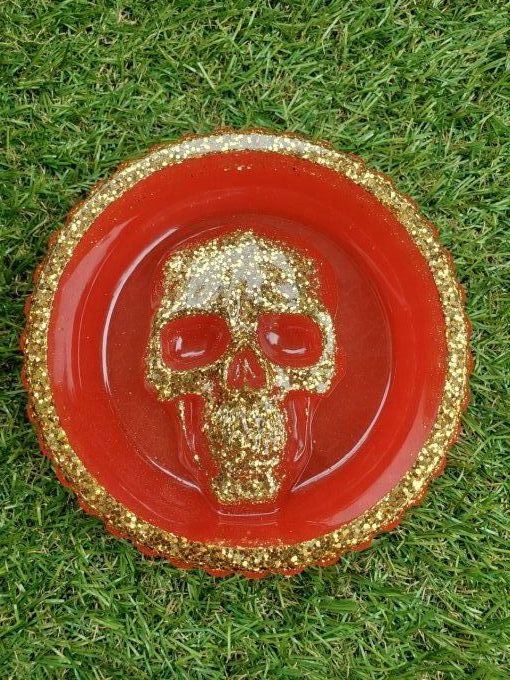 Cendrier/vide poche Skull rouge et paillettes dorées