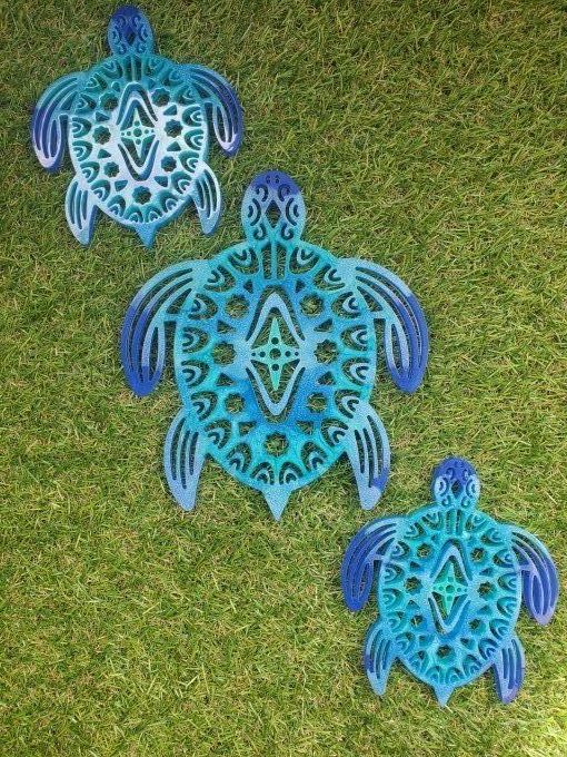  Trio de Tortues - dégradé de bleus - accroche murale ou dessous de verre/bouteille ou déco